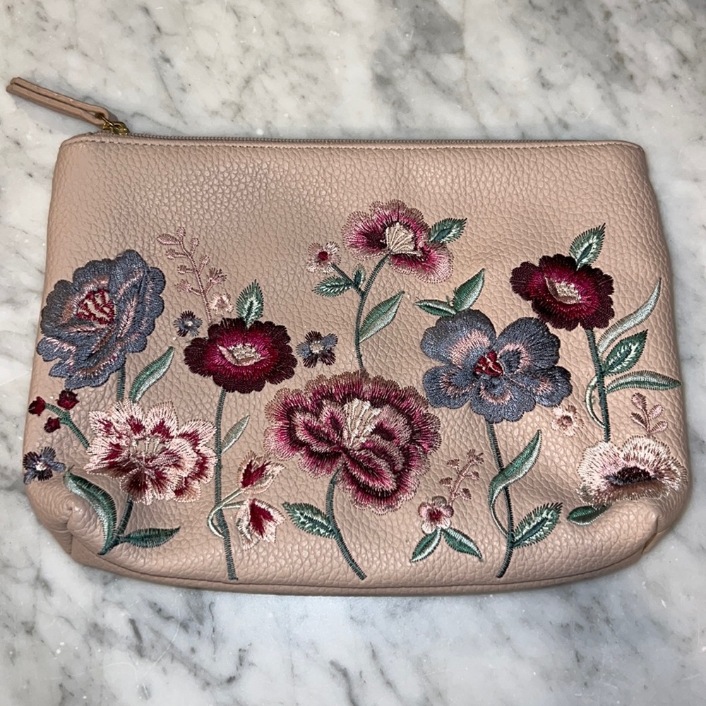 Floral embroidery zippered pouch